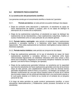 11



6.4      REFERENTE PSICO-COGNITIVO

A. La construcción del pensamiento científico:

Las personas construyen el conocimiento científico a través de 3 períodos:

6.4.1.       Período pre-teórico: en este período se pueden distinguir dos etapas:

• Etapa de confusión entre descripción y explicación, el estudiante es capaz de
  hacer descripciones de objetos y sucesos, pero no es capaz de distinguir la
  descripción de un suceso de su explicación.

• Etapa de las explicaciones subjuntivas, el estudiante es capaz de distinguir las
  explicaciones de las descripciones y hace explicaciones subjuntivas. Explica un
  suceso mostrándolo como un caso particular de una relación general.

6.4.2. Período teórico restringido: este período el estudiante hace explicaciones
acudiendo a conceptos teóricos y a relaciones entre leyes interconectadas
lógicamente. Pero estas explicaciones se mantienen restringidas al campo relativo al
fenómeno explicado.

6.4.3. Período teórico holístico: este período se compone de dos etapas:

• Etapa las explicaciones generales, en la que el estudiante es capaz de hacer
  explicaciones acudiendo a conceptos teóricos y a relaciones entre leyes
  interconectadas lógicamente, sin establecer relaciones entre este campo y otros
  dentro de la disciplina, integrando el conocimiento disciplinar mediante una teoría
  general. (una teoría física o biológica, por ejemplo)

• Etapa de las explicaciones generales holísticas, se caracteriza por la capacidad
  que tiene los estudiantes de hacer explicaciones generales como las de la primera
  etapa de éste período, pero estableciendo relaciones entre las diversas teorías
  generales disciplinares (entre la física y la química, y la biología y la ecología, por
  ejemplo) conformando así una gran teoría holística sobre el mundo de lo natural
  que se puede integra con los social permitiéndole tener una cosmovisión gracias a
  la cual puede situarse a sí mismo en su mundo en el contexto de un proyecto
  personal de vida.

A lo largo de estos períodos se puede construir pensamiento científico, si como
educadores desencadenamos y fortalecemos ciertos procesos formativos en los
estudiantes.
 