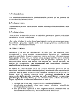 24




1. Pruebas objetivas:

- Se denominan pruebas técnicas, pruebas cerradas, pruebas tipo test, pruebas de
conocimiento y pruebas tipo Icfes.

2. Pruebas de ensayo:

-Se denominan pruebas o evaluaciones abiertas de composición escritas tres o más
preguntas.

3. Pruebas practicas:

- Son pruebas de ejecución, pruebas de laboratorio, pruebas de ejercicio, evaluación
de destrezas motoras y habilidades.

- Se evalúa el trabajo de sesión desde la participación escrita, con presentaciones en
Power Point, preguntas y aportes en los chat, trabajos y talleres, socialización de
las noticias e informes de laboratorio.

12. COMPETENCIAS

Definamos ¿Qué son las competencias? en este caso, nos referimos como
competencias a todos aquellos comportamientos formados por habilidades
cognitivas, actividades de valores, destrezas motoras y diversas informaciones que
hacen posible llevar a cabo, de manera eficaz, cualquier actividad en un contexto
determinado, es decir, una competencia son los procesos cognitivos que el
estudiante debe realizar para resolver una pregunta. En Ciencias Naturales se
evalúan las competencias: uso comprensivo del conocimiento científico,
explicación de fenómenos, e indagación.

El Módulo de Auto-instrucción Virtual de Ciencias Naturales, promueve en los
estudiantes (haciendo uso de sus saberes previos), la capacidad para interactuar con
diferentes tipos de textos, aumentando los niveles de comprensión y profundización
lectora, tanto de carácter relacional como intertextual, atendiendo a los
componentes de las ciencias naturales, los cuales se dividen en componentes
para Biología, Química y Física, que los estructuran como unidades de sentido,
dirigida a plantearle al estudiante una reflexión en torno a:

    qué es lo que dice el texto: contenidos – conceptuales e ideológicos.
    cómo lo dice: organización micro, macro y super - estructural y selección de
     estrategias de organización.
    para qué lo dice y por qué lo dice: pragmática textual o relación entre las
     situaciones de comunicación y las circunstancias de enunciación.
 