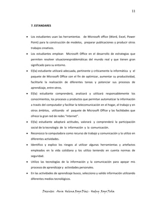 11



7. ESTANDARES


Los estudiantes usan las herramientas     de Microsoft office (Word, Excel, Power
Point) para la construcción de modelos, preparar publicaciones y producir otros
trabajos creativos.
Los estudiantes emplean Microsoft Office en el desarrollo de estrategias que
permiten resolver situacionesproblemáticas del mundo real y que tienen gran
significado para su entorno.
El(la) estudiante utilizará adecuada, pertinente y críticamente la informática y el
paquete de Microsoft Office con el fin de optimizar, aumentar su productividad,
facilitarle la realización de diferentes tareas y potenciar sus procesos de
aprendizaje, entre otros.
El(la) estudiante comprenderá, analizará y utilizará responsablemente los
conocimientos, los procesos y productos que permitan automatizar la información
a través del computador y facilitar la telecomunicación en el hogar, el trabajo y en
otros ámbitos, utilizando el paquete de Microsoft Office y las facilidades que
ofrece la gran red de redes “Internet”.
El(la) estudiante adoptará actitudes, valorará y comprenderá la participación
social de la tecnología de la información y la comunicación.
Reconozco la computadora como recurso de trabajo y comunicación y la utilizo en
diferentes actividades.
Identifico y explico los riesgos al utilizar algunas herramientas y artefactos
empleados en la vida cotidiana y los utilizo teniendo en cuenta normas de
seguridad.
Utilizo las tecnologías de la información y la comunicación para apoyar mis
procesos de aprendizaje y actividades personales.
En las actividades de aprendizaje busco, selecciono y valido información utilizando
diferentes medios tecnológicos.



         Docentes: Aura Helena Royo Díaz- Hedny Royo Peña
 