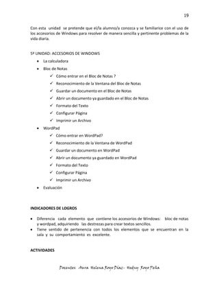 19

Con esta unidad se pretende que el/la alumno/a conozca y se familiarice con el uso de
los accesorios de Windows para resolver de manera sencilla y pertinente problemas de la
vida diaria.


5º UNIDAD: ACCESORIOS DE WINDOWS
       La calculadora
       Bloc de Notas
           Cómo entrar en el Bloc de Notas ?
           Reconocimiento de la Ventana del Bloc de Notas
           Guardar un documento en el Bloc de Notas
           Abrir un documento ya guardado en el Bloc de Notas
           Formato del Texto
           Configurar Página
           Imprimir un Archivo
       WordPad
           Cómo entrar en WordPad?
           Reconocimiento de la Ventana de WordPad
           Guardar un documento en WordPad
           Abrir un documento ya guardado en WordPad
           Formato del Texto
           Configurar Página
           Imprimir un Archivo
       Evaluación



INDICADORES DE LOGROS

   Diferencia cada elemento que contiene los accesorios de Windows: bloc de notas
   y wordpad, adquiriendo las destrezas para crear textos sencillos.
   Tiene sentido de pertenencia con todos los elementos que se encuentran en la
   sala y su comportamiento es excelente.


ACTIVIDADES



                Docentes: Aura Helena Royo Díaz- Hedny Royo Peña
 