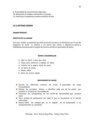 21

9. Profundidad de conocimientos adquiridos
10. Realización de trabajos individuales o en grupo.
11. Interés por la asignatura y buena actitud en el aula.




12.2 SEPTIMO GRADO


PRIMER PERÍODO

OBJETIVO DE LA UNIDAD

Con esta unidad se pretende que el/la alumno/a conozca y se familiarice con el uso del
programa de word, su entorno y las barras que ofrece y adquiera la soltura y
habilidades necesarias para manejar de manera sencilla un procesador de textos.



                                  TEMAS A DESARROLLAR

       1.   Que es word y para que sirve.
       2.   Pasos para comenzar a trabajar en word.
       3.   Entorno de la pagina inicial de word.
       4.   La barra de titulo.
       5.   Botón office
       6.   Barra de acceso rápido.


                                 INDICADORES DE LOGRO

       Conoce las diferentes maneras de iniciar el procesador de texto
       microsoftword.
       Maneja los conceptos básicos e identifica cada una de las partes que
       contiene el entorno de microsoftword.
        Reconoce los componentes de las barras de herramientas que contiene
       word.
       Tiene sentido de pertenencia con todo lo que se encuentran en la sala de
       informática.
       Realiza todos los trabajos que se le asignan en el computador y su
       comportamiento es excelente



                 Docentes: Aura Helena Royo Díaz- Hedny Royo Peña
 