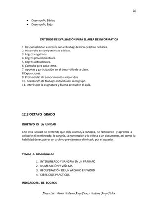 26

       Desempeño Básico
       Desempeño Bajo



                CRITERIOS DE EVALUACIÓN PARA EL AREA DE INFORMÁTICA

1. Responsabilidad e interés con el trabajo teórico-práctico del área.
2. Desarrollo de competencias básicas.
3. Logros cognitivos
4. Logros procedimentales.
5. Logros actitudinales.
6. Consulta para cada tema.
7. Aportes y participación en el desarrollo de la clase.
8 Exposiciones.
9. Profundidad de conocimientos adquiridos
10. Realización de trabajos individuales o en grupo.
11. Interés por la asignatura y buena actitud en el aula.




12.3 OCTAVO GRADO

OBJETIVO DE LA UNIDAD

Con esta unidad se pretende que el/la alumno/a conozca, se familiarice y aprenda a
aplicarle el interlineado, la sangría, la numeración y la viñeta a un documento, así como la
habilidad de recuperar un archivo previamente eliminado por el usuario.



TEMAS A DESARROLLAR

           1.   INTERLINEADO Y SANGRÍA EN UN PÁRRAFO
           2.   NUMERACIÓN Y VIÑETAS.
           3.   RECUPERACIÓN DE UN ARCHIVO EN WORD
           4.   EJERCICIOS PRACTICOS.

INDICADORES DE LOGROS


                 Docentes: Aura Helena Royo Díaz- Hedny Royo Peña
 