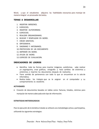 33

Word, y que el estudiantes adquiera las habilidades necesarias para manejar de
manera integral un procesador de textos.

TEMAS A DESARROLLAR

   1. INSERTAR IMÁGENES.
   2. EJERCICIOS.
   3. INSERTAR AUTOFORMAS.
   4. EJERCICIOS.
   5. REALIZAR ORGANIGRAMAS.
   6. BUSCAR Y REMPLAZAR EN WORD.
   7. CREAR GRAFICOS.
   8. ORTOGRAFIA.
   9. SINONIMO Y ANTONIMOS.
   10. PROTECCION DE UN DOCUMENTO
   11. IMPRIMIR EN WORD.
   12. AYUDA DE WORD.
   13. EJERICIOS DE EVALUACION.

INDICADORES DE LOGROS

       Identifica toda las formas para insertar imágenes, autoformas. sabe realizar
       un organigrama, crear gráficos, ortografía y hace cambios de sinónimos y
       antónimos. e imprime los documentos después de realizarlos.
       Tiene sentido de pertenencia con todo lo que se encuentran en la sala de
       informática.
       Realiza todos los trabajos que se le asignan en el computador y su
       comportamiento es excelente.

ACTIVIDADES
   Creación de documentos basados en tablas como: facturas, listados, nóminas para
   manipular de manera adecuada este tipo de información.


ESTRATEGIAS METODOLOGICAS


Para la ejecución de la temática tratada se utilizará una metodología activa y participativa,
utilizando las siguientes estrategias:




                 Docentes: Aura Helena Royo Díaz- Hedny Royo Peña
 