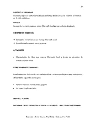 37

OBJETIVO DE LA UNIDAD
Usar con propiedad las funciones básicas de la hoja de cálculo para resolver problemas
de la vida cotidiana.

LOGROS
Conocer las herramientas que ofrece Microsoft Excel para crear hojas de cálculo.


INDICADORES DE LOGROS


 Conoce las herramientas que maneja Microsoft Excel
 Crea Libros y los guarda correctamente.


ACTIVIDADES


   Manipulación del libro que maneja Microsoft Excel a través de ejercicios de
   introducción de datos.


ESTRATEGIAS METODOLOGICAS


Para la ejecución de la temática tratada se utilizará una metodología activa y participativa,
utilizando las siguientes estrategias:


   Talleres Prácticos individuales y grupales
   Lecturas complementarias




SEGUNDO PERÍODO


EDICION DE DATOS Y CONFIGURACION DE LAS HOJAS DEL LIBRO DE MICROSOFT EXCEL




                 Docentes: Aura Helena Royo Díaz- Hedny Royo Peña
 
