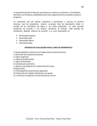 56

La evaluación permite al docente autoevaluarse y evaluar sus prácticas, y al estudiante
identificar sus fortalezas y debilidades para hacer seguimiento de sus propios cambios y
progresos.

La evaluación será de carácter cualitativa y cuantitativa y buscara en primera
instancia que los estudiantes valoren su propio nivel de desempeño, desde la
revisión de los indicadores de logros y las metas planteadas en cada periodo
académico de acuerdo a los núcleos temáticos. Al finalizar cada periodo los
estudiantes deberán ubicarse de acuerdo a su nivel desempeño en:

       Desempeño Superior
       Desempeño Alto
       Desempeño Básico
       Desempeño Bajo

              CRITERIOS DE EVALUACIÓN PARA EL AREA DE INFORMÁTICA

1. Responsabilidad e interés con el trabajo teórico-práctico del área.
2. Desarrollo de competencias básicas.
3. Logros cognitivos
4. Logros procedimentales.
5. Logros actitudinales.
6. Consulta para cada tema.
7. Aportes y participación en el desarrollo de la clase.
8 Exposiciones.
9. Profundidad de conocimientos adquiridos
10. Realización de trabajos individuales o en grupo.
11. Interés por la asignatura y buena actitud en el aula.




                 Docentes: Aura Helena Royo Díaz- Hedny Royo Peña
 