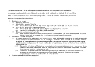 Los Gobiernos Nacional y de las entidades territoriales fomentarán la educación para grupos sociales con
carencias y necesidades de formación básica, de conformidad con lo establecido en el artículo 8° de la Ley 60 de
1993. Lo harán con recursos de sus respectivos presupuestos y a través de contratos con entidades privadas sin
ánimo de lucro y de reconocida idoneidad.
1. Distribuciòn del tiempo.
1.1. Educación Preescolar
1.2. EDUCACIÓN BÁSICA PRIMARIA
1.2.1. Grados Primero (1º), Segundo (2º), Tercero (3º), Cuarto (4º) y Quinto (5º): Una (1) hora semanal.
1.3. EDUCACIÓN BÁSICA SECUNDARIA Y MEDIA
1.3.1. Grados Sexto (6º), Séptimo (7º), Octavo (8º), Noveno (9º), tres horas semanales.
1.3.2. Décimo (10º) y Undécimo (11º): tres (3) horas semanales
1.4. Educación básica secundaria y media
1.4.1. En el esquema estructurado de las áreas obligatorias y fundamentales y de áreas optativas para la educación
básica y media, y de las competencias ( y dimensiones) para la educación preescolar.
2. Metodología – Modelo Pedagógico
2.1. El modelo pedagógico de la Institución es el constructivismo, por lo tanto será el que se tenga en cuenta al desarrollar
las actividades con los estudiantes en el área de Tecnología e informática. En el desarrollo de las unidades temáticas
se tendrán en cuenta los saberes previos de los estudiantes y se diseñaran actividades donde el estudiante pueda
explotar su creatividad y aprender de manera práctica. Las concepciones que tiene el constructivismo del estudiante
y del docente son:
2.1.1. Concepción del estudiante El estudiante es constructor activo de su propio conocimiento y reconstructor de los
contenidos escolares. El estudiante posee un cuerpo de conocimiento e instrumentos intelectuales, los cuales
determinan sus acciones y actitudes en el aula.
2.1.2. Concepción del docente Promueve el desarrollo psicológico y la autonomía del educando. Promueve una
atmosfera de reciprocidad, de respeto y autoconfianza para el estudiante. Debe incluir actividades
cooperativas que promuevan el intercambio de puntos de vista.
3. Criterios de evaluación del Plan de Estudios.
 