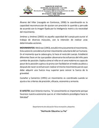 MUNICIPIO DE APARTADO
SECRETARIA DE EDUCACIÓN Y CULTURA
INSTITUCIÓN EDUCATIVA LA PAZ
Resolución de Aprobación 9680 del 26 de Noviembre de 2004
Y 6178 del 05 julio de 2005
NIT 811025741-1 DANE 105045001667
Telefax: 826 25 46
Departamento de educación física recreación y deportes
“Institución Educativa La Paz”
Álvarez del Villar (recogido en Contreras, 1998): la coordinación es la
capacidad neuromuscular de ajustar con precisión lo querido y pensado
de acuerdo con la imagen fijada por la inteligencia motriz a la necesidad
del movimiento.
Jiménez y Jiménez (2002): es aquella capacidad del cuerpo para aunar el
trabajo de diversos músculos, con la intención de realizar unas
determinadas acciones.
MOVIMIENTOS: McGraw (1943),estudió minuciosamenteelmovimiento.
Esta autora lo considera el primer movimiento voluntario del ser humano.
En el momento que la cabeza gira, lo hace el resto del cuerpo. Estableció
diferentes fases en las que podían observarse los esfuerzos del niño para
cambiar de posición. Explica cómo el niño en el seno materno es capaz de
pasar de la posición supina a la prona con facilidad en el medio acuático y
despuésde nacer seesfuerzaen realizar el mismo movimiento paralo que
debe adquirir una fuerza muy superior para vencer la fuerza de la
gravedad.
Castañer y Camerino (1991): un movimiento es coordinado cuando se
ajusta a los criterios de precisión, eficacia, economía y armonía.
El AFECTO: José Antonio marina, “el conocimiento es importante porque
favorece nuestra autonomía que es el intermediario psicológico hacia la
felicidad”
 