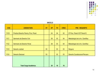 16 16 20   Total Carga Académica Derecho Constitucional Peruano 03 03   03 Derecho Electoral 11C4 Ninguno 03 03   03 Derecho Judicial 11C3 Metodología de la Inv. Científica 04 03 08   Seminario de Derecho Penal 11C2 Metodología de la Inv. Científica 04 03 08   Seminario de Derecho Civil 11C1 Dº Proc. Penal II /Dº Penal IV 02 04 04   Practica Derecho Penal y Proc. Penal 11CO PRE - REQUISITO CRED TH HP HT ASIGNATURA COD XIICICLO 
