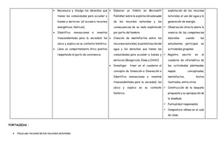  Reconozco y divulgo los derechos que
tienen las comunidades para acceder a
bienes y servicios. (el acceso a recursos
energéticos, hídricos).
 Identifico innovaciones e inventos
trascendentales para la sociedad; los
ubico y explico en su contexto histórico.
 Llevo un comportamiento ético positivo
respetando el pacto de convivencia
 Elaborar un folleto en Microsoft
Publisher sobre la explotaciónadecuada
de los recursos naturales y las
consecuencias de su mala explotación
por parte del hombre
 Creación de mentefactos sobre los
recursos naturales,la potabilizacióndel
agua y los derechos que tienen las
comunidades para acceder a bienes y
servicios (Bioagricola, Emsa y EAAV)
 Investigar traer en el cuaderno el
concepto de Invención e Innovación e
Identifico innovaciones e inventos
trascendentales para la sociedad; los
ubico y explico en su contexto
histórico.
explotación de los recursos
naturales, el uso del agua y la
generación de energía.
 Observación directa sobre la
vivencia de las competencias
laborales cuando las
estudiantes participan en
actividades grupales.
 Registro escrito en el
cuaderno de informática de
las actividades planteadas,
mapas conceptuales,
mentefactos, textos
ilustrados, entre otros
 Construcción de la maqueta
propuesta y su apropiación de
lo diseñado
 Puntualidad responsable
 Compostura idónea en el aula
de clase
FORTALEZAS :
 Hace uso racional de los recursos naturales
 