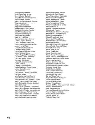 Javier Barrientos Flores               María esther Padilla Medina
     Javier Castañeda Rincón                María Esther Tapia Álvarez
     Jemina García Castrejón                María eugenia luna elizarrarás
     Jesús Abraham Navarro Moreno           María teresa aranda Pérez
     Joaquín Flores Ramírez                 María teresa arroyo Gámez
     Jorge Humberto Miranda Vázquez         María Teresa Carlos Yáñez
     Jorge López Cruz                       María teresa lópez Castro
     Jorge Medina Salazar                   María teresa Sandoval Sevilla
     Jorge Zamacona Evenes                  Mariano Martín G.
     José Humberto Trejo Catalán            Maribel espinosa Hernández
     José Luis Hernández Sarabia            Marissa Mar Pecero
     Julia Martínez Fernández               Martha Estela Tortolero Villaseñor
     Karina Franco rodríguez                Martha ruth Chávez enríquez
     Karina leal Hernández                  Mauricio rosales avalos
     Karla M. Pinal Mora                    Miguel Ángel Dávila Sosa
     Karolina Grissel lara ramírez          Nancy Judith Nava Castro
     larissa langner romero                 nelly del Pilar Cervera Cobos
     laura daniela aguirre aguilar          nonitzin Maihualida
     laura elizabeth Paredes ramírez        norma erika Martínez Fernández
     Laura H. Lima Muñiz                    norma nélida reséndiz Melgar
     laurentino Velázquez durán             norma romero irene
     leonardo Meza aguilar                  oscar isidro Bruno
     leticia araceli Martínez Zárate        oscar luna Prado
     Leticia G. López Juárez                oscar osorio Beristain
     leticia Margarita alvarado díaz        Oscar Román Peña López
     lilia Beatriz ortega Villalobos        óscar Salvador Ventura redondo
     Lilia Elena Juárez Vargas              Oswaldo Martín del Campo Núñez
     lilia Mata Hernández                   ramón Guerra araiza
     liliana Morales Hernández              rebeca Contreras ortega
     lizette Zaldívar                       rita Holmbaeck rasmussen
     lourdes Castro Martínez                Roberto Renato Jiménez Cabrera
     lucila Guadalupe Vargas Padilla        rosendo Bolivar Meza
     lucina García Cisneros                 rubén Galicia Castillo
     luis Fernández                         ruth olivares Hernández
     luis Gerardo Cisneros Hernández        Samaria rodríguez Cruz
     luis reza reyes                        Sandra ortiz Martínez
     luis tonatiuh Martínez aroche          Sandra Villeda Ávila
     María Alejandra Acosta García          Sergio Pavel Cano rodríguez
     María antonieta ilhui Pacheco Chávez   Silvia Campos olguín
     María Concepción Europa Juárez         Sonia daza Sepúlveda
     María Concepción Medina González       Susana Villeda reyes
     María de ibarrola                      Teresita del Niño Jesús Maldonado Salazar
     María de las Mercedes lópez lópez      Urania lanestosa Baca
     María De Los Ángeles García González   Uriel Garrido Méndez
     María De Los Ángeles Huerta Alvarado   Verónica Florencia antonio andrés
     María de lourdes romero ocampo         Vicente oropeza Calderón
     María del Carmen rendón Camacho        Víctor Manuel García Montes
     María del Carmen tovilla Martínez      Virginia tenorio Sil
     María del rosario Martínez luna        yolanda Pizano ruiz




92
 