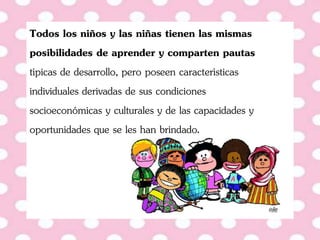 Todos los niños y las niñas tienen las mismas
posibilidades de aprender y comparten pautas
típicas de desarrollo, pero poseen características
individuales derivadas de sus condiciones
socioeconómicas y culturales y de las capacidades y
oportunidades que se les han brindado.
 