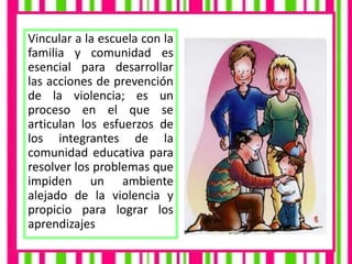 Vincular a la escuela con la
familia y comunidad es
esencial para desarrollar
las acciones de prevención
de la violencia; es un
proceso en el que se
articulan los esfuerzos de
los integrantes de la
comunidad educativa para
resolver los problemas que
impiden un ambiente
alejado de la violencia y
propicio para lograr los
aprendizajes
 