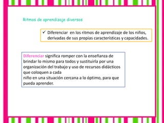 Ritmos de aprendizaje diversos
 Diferenciar en los ritmos de aprendizaje de los niños,
derivadas de sus propias características y capacidades.
Diferenciar significa romper con la enseñanza de
brindar lo mismo para todos y sustituirla por una
organización del trabajo y uso de recursos didácticos
que coloquen a cada
niño en una situación cercana a lo óptimo, para que
pueda aprender.
 