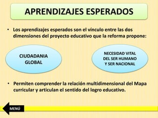 APRENDIZAJES ESPERADOS
• Los aprendizajes esperados son el vínculo entre las dos
dimensiones del proyecto educativo que la reforma propone:
CIUDADANIA
GLOBAL
NECESIDAD VITAL
DEL SER HUMANO
Y SER NACIONAL
• Permiten comprender la relación multidimensional del Mapa
curricular y articulan el sentido del logro educativo.
MENÚ
 