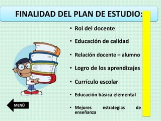 • Rol del docente
FINALIDAD DEL PLAN DE ESTUDIO:
• Educación de calidad
• Relación docente – alumno
• Logro de los aprendizajes
• Currículo escolar
• Educación básica elemental
• Mejores estrategias de
enseñanza
MENÚ
 