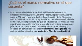 ¿Cuál es el marco normativo en el que
sustenta?
• La subsecretaría de Educación Básica (SEB) de la Secretaría de
Educación Pública (SEP) del Gobierno Federal, reproduce el Acuerdo
número 592 por el que se establece la Articulación de la Educación
Básica, publicado el día 19 de agosto de 2011 en el Diario Oficial de la
Federación, con el propósito de que las educadoras, las maestras y los
maestros de educación primaria y secundaria, directivos, supervisores,
jefes de sector, apoyos técnicos investigadores, especialistas y la
sociedad en general conozcan los fundamentos pedagógicos y la
política pública educativa que sustenta el Plan de estudios 2011.
 