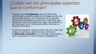 ¿Cuáles son los principales aspectos
que lo conforman?
• Propone que la evaluación sea una fuente de
aprendizaje y permita detectar el rezago escolar de
manera temprana y, en consecuencia, la escuela
desarrolle estrategias de atención y retención que
garanticen que los estudiantes sigan aprendiendo y
permanezcan en el sistema educativo durante su
trayecto formativo.
• El plan de estudios requiere partir de una visión que
incluya los diversos aspectos que conforman
el desarrollo curricular en su sentido más amplio, y
que se expresan en los principios pedagógicos.
•
 