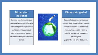Dimensión
nacional
Dimensión global
Permite una formación que
favorece la construcción de la
identidad personal y nacional
de los alumnos, para que
valoren su entorno, y vivan y
se desarrollen como personas
plenas.
Desarrollo de competencias que
forman al ser universal para hacerlo
competitivo como ciudadano del
mundo, responsable y activo,
capaz de aprovechar los avances
tecnológicos
y aprender a lo largo de su vida.
 