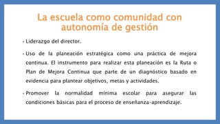 La escuela como comunidad con
autonomía de gestión
• Liderazgo del director.
• Uso de la planeación estratégica como una práctica de mejora
continua. El instrumento para realizar esta planeación es la Ruta o
Plan de Mejora Continua que parte de un diagnóstico basado en
evidencia para plantear objetivos, metas y actividades.
• Promover la normalidad mínima escolar para asegurar las
condiciones básicas para el proceso de enseñanza–aprendizaje.
 
