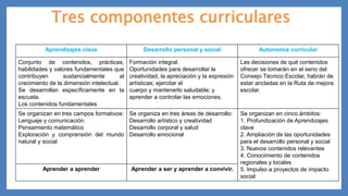 Tres componentes curriculares
Aprendizajes clave Desarrollo personal y social Autonomía curricular
Conjunto de contenidos, prácticas,
habilidades y valores fundamentales que
contribuyen sustancialmente al
crecimiento de la dimensión intelectual.
Se desarrollan específicamente en la
escuela.
Los contenidos fundamentales
Formación integral.
Oportunidades para desarrollar la
creatividad, la apreciación y la expresión
artísticas; ejercitar el
cuerpo y mantenerlo saludable; y
aprender a controlar las emociones.
Las decisiones de qué contenidos
ofrecer se tomarán en el seno del
Consejo Técnico Escolar, habrán de
estar ancladas en la Ruta de mejora
escolar.
Se organizan en tres campos formativos:
Lenguaje y comunicación.
Pensamiento matemático
Exploración y comprensión del mundo
natural y social
Se organiza en tres áreas de desarrollo:
Desarrollo artístico y creatividad
Desarrollo corporal y salud
Desarrollo emocional
Se organizan en cinco ámbitos:
1. Profundización de Aprendizajes
clave
2. Ampliación de las oportunidades
para el desarrollo personal y social
3. Nuevos contenidos relevantes
4. Conocimiento de contenidos
regionales y locales
5. Impulso a proyectos de impacto
social
Aprender a aprender Aprender a ser y aprender a convivir.
 