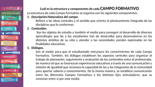 Cuál es la estructura y componentes de cada CAMPO FORMATIVO
La estructura de cada Campo Formativo se organiza con los siguientes componentes:
1. Descripción/Naturaleza del campo.
Refiere a las ideas centrales y el sentido que orienta el planteamiento integrado de las
disciplinas que lo conforman.
2. Contenidos.
Son los objetos de estudio y también el medio para conseguir el desarrollo de diversos
aprendizajes que las y los estudiantes han de desarrollar para desenvolverse en los
distintos ámbitos de su vida y atender a las necesidades sociales expresadas en las
finalidades educativas.
3. Diálogos.
Son el medio para que el estudiantado estructure los conocimientos de cada Campo
Formativo. También, los diálogos establecen los aspectos centrales para organizar el
trabajo de planeación, seguimiento y evaluación de los contenidos entre el profesorado,
de manera tal que se favorezcan experiencias educativas a través de una comunicación y
relación de igualdad que reconoce la capacidad de las y los integrantes de la comunidad
para aportar saberes y conocimientos. De la misma manera, se establece comunicación
entre los diferentes Campos Formativos y los distintos Ejes articuladores, que se
conectan entre sí por este medio.
 