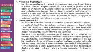 4. Progresiones de aprendizaje.
Son referentes para las maestras y maestros que orientan los procesos de aprendizaje a
lo largo de la fase en cada grado y sirven para ubicar niveles de aproximación a los
saberes en un momento de desarrollo en el que se encuentran las y los estudiantes
durante el ciclo escolar. Las progresiones precisan conocimientos, habilidades, valores,
saberes a lo largo de un proceso formativo que va de lo simple a lo complejo, de lo
concreto a lo abstracto, de lo superficial a lo profundo, sin implicar un agregado de
contenidos específicos o convertirse en un programa paralelo.
5. Orientaciones didácticas.
Son propuestas que buscan detonar la creatividad en la práctica e intervención docente,
que puede referirse al objeto de estudio, en términos de las precisiones de profundidad
y alcance de carácter conceptual, procedimental, actitudinal, entre otras, así como del
tránsito que habrán de realizar las y los estudiantes de explicaciones de sentido común
al uso de razonamiento y pensamiento crítico para argumentar.
Algunas proponen actividades para aprovechar los saberes y experiencias con los que
cuenta las niñas, niños y adolescentes; establecen hacia dónde se pretende que lleguen
las y los estudiantes, con la finalidad de brindarles las mayores posibilidades para que
los consoliden, fortalezcan o modifiquen, a través de la reflexión conjunta o individual y
accedan a nuevos conocimientos. Otras proponen estrategias didácticas de intervención
y formas de organizar el trabajo que permitan a las y los docentes tomar decisiones para
planificar e interactuar con el grupo y gestionar de mejor manera el uso del tiempo en
aula.
 