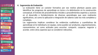 6. Sugerencias de Evaluación.
La evaluación tiene un carácter formativo por ese motivo plantean pautas para
identificar los progresos de aprendizaje en torno a la delimitación en la construcción
conceptual, el tránsito de procedimientos iniciales a procedimientos expertos y avances
en el desarrollo o fortalecimiento de diversos aprendizajes que sean realmente
significativos, así como la aplicación e integración de saberes cada vez más completos y
complejos.
Las sugerencias implican considerar las evidencias cualitativas y cuantitativas de
aprendizaje en lo individual y en equipo, como pueden ser productos, argumentaciones,
razonamientos; así como actitudes para escuchar, compartir, cooperar, negociar y
acordar, entre otros aspectos que se consideren relevantes.
 