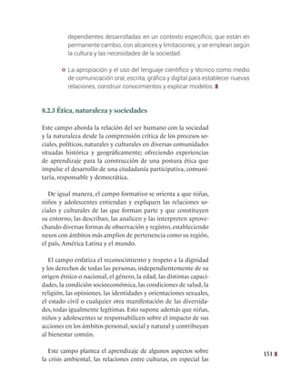 151
dependientes desarrolladas en un contexto específico, que están en
permanente cambio, con alcances y limitaciones, y se emplean según
la cultura y las necesidades de la sociedad.
y La apropiación y el uso del lenguaje científico y técnico como medio
de comunicación oral, escrita, gráfica y digital para establecer nuevas
relaciones, construir conocimientos y explicar modelos.
8.2.3 Ética, naturaleza y sociedades
Este campo aborda la relación del ser humano con la sociedad
y la naturaleza desde la comprensión crítica de los procesos so-
ciales, políticos, naturales y culturales en diversas comunidades
situadas histórica y geográficamente; ofreciendo experiencias
de aprendizaje para la construcción de una postura ética que
impulse el desarrollo de una ciudadanía participativa, comuni-
taria, responsable y democrática.
De igual manera, el campo formativo se orienta a que niñas,
niños y adolescentes entiendan y expliquen las relaciones so-
ciales y culturales de las que forman parte y que constituyen
su entorno, las describan, las analicen y las interpreten aprove-
chando diversas formas de observación y registro, estableciendo
nexos con ámbitos más amplios de pertenencia como su región,
el país, América Latina y el mundo.
El campo enfatiza el reconocimiento y respeto a la dignidad
y los derechos de todas las personas, independientemente de su
origen étnico o nacional, el género, la edad, las distintas capaci-
dades, la condición socioeconómica, las condiciones de salud, la
religión, las opiniones, las identidades y orientaciones sexuales,
el estado civil o cualquier otra manifestación de las diversida-
des, todas igualmente legítimas. Esto supone además que niñas,
niños y adolescentes se responsabilicen sobre el impacto de sus
acciones en los ámbitos personal, social y natural y contribuyan
al bienestar común.
Este campo plantea el aprendizaje de algunos aspectos sobre
la crisis ambiental, las relaciones entre culturas, en especial las
 