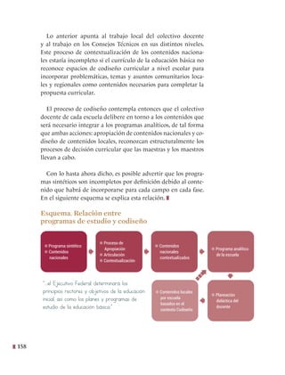 158
Lo anterior apunta al trabajo local del colectivo docente
y al trabajo en los Consejos Técnicos en sus distintos niveles.
Este proceso de contextualización de los contenidos naciona-
les estaría incompleto si el currículo de la educación básica no
reconoce espacios de codiseño curricular a nivel escolar para
incorporar problemáticas, temas y asuntos comunitarios loca-
les y regionales como contenidos necesarios para completar la
propuesta curricular.
El proceso de codiseño contempla entonces que el colectivo
docente de cada escuela delibere en torno a los contenidos que
será necesario integrar a los programas analíticos, de tal forma
que ambas acciones: apropiación de contenidos nacionales y co-
diseño de contenidos locales, reconozcan estructuralmente los
procesos de decisión curricular que las maestras y los maestros
llevan a cabo.
Con lo hasta ahora dicho, es posible advertir que los progra-
mas sintéticos son incompletos por definición debido al conte-
nido que habrá de incorporarse para cada campo en cada fase.
En el siguiente esquema se explica esta relación.
Esquema. Relación entre
programas de estudio y codiseño
✻ Programa sintético
✻ Contenidos
nacionales
✻ Proceso de
Apropiación
✻ Articulación
✻ Contextualización
✻ Contenidos
nacionales
contextualizados
✻ Contenidos locales
por escuela
basados en el
contexto Codiseño
✻ Planeación
didáctica del
docente
✻ Programa analítico
de la escuela
“...el Ejecutivo Federal determinará los
principios rectores y objetivos de la educación
inicial, así como los planes y programas de
estudio de la educación básica.”
 