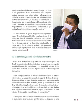 87
mente, cuando están involucrados el tiempo y el dine-
ro. El aprendizaje de las matemáticas debe tener un
sentido humano para niñas, niños y adolescentes, el
cual sólo se desarrolla en el marco de relaciones signi-
ficativas entre la familia, la escuela y la comunidad. Es
fundamental que el aprendizaje del lenguaje, sus prin-
cipios y métodos matemáticos tengan una razón y un
propósito más allá de alcanzar una calificación, ya que
los implica al mismo tiempo que los motiva.212
  
Lo fundamental es que el magisterio interprete los
temas de reflexión establecidos en el currículo de la
educación inicial, preescolar, primaria y secundaria
de acuerdo con las condiciones específicas del territo-
rio, el tipo de escuela y la diversidad estudiantil a su
cargo, con el fin de plantear acciones que propicien
aprendizajes significativos en el marco de la relación
escuela comunidad.
6.2 El aprendizaje como experiencia formativa
En este Plan de Estudios se plantea un currículo integrado en
donde los contenidos de las disciplinas se relacionan con ejes de
articulación que vinculan el saber y el conocimiento con situa-
ciones de la realidad, todo ello organizado en cuatro campos de
formación.
Estos campos abarcan el proceso formativo desde la educa-
ción inicial a la educación secundaria a partir de fases de apren-
dizaje que deben estar en sintonía con los procesos de desarrollo
y constitución subjetiva de niñas, niños y adolescentes en su
diversidad. Contemplando procesos de larga duración y hetero-
géneas experiencias de vida, no pueden reducirse a los límites
de la organización escolar habitual ligada fuertemente al solo
criterio de las edades cronológicas de los sujetos.213
Las etapas o estadios de desarrollo no son estructuras estables
ni claramente diferenciadas; por lo tanto, no importa si una
Jalisco
 