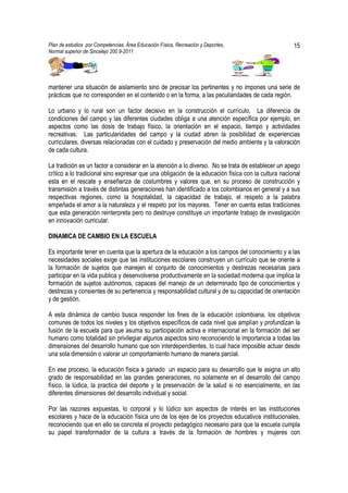 Plan de estudios por Competencias. Área Educación Física, Recreación y Deportes,                     15
Normal superior de Sincelejo 200 9-2011                                                     .




mantener una situación de aislamiento sino de precisar los pertinentes y no impones una serie de
prácticas que no corresponden en el contenido o en la forma, a las peculiaridades de cada región.

Lo urbano y lo rural son un factor decisivo en la construcción el currículo. La diferencia de
condiciones del campo y las diferentes ciudades obliga a una atención específica por ejemplo, en
aspectos como las dosis de trabajo físico, la orientación en el espacio, tiempo y actividades
recreativas. Las particularidades del campo y la ciudad abren la posibilidad de experiencias
curriculares, diversas relacionadas con el cuidado y preservación del medio ambiente y la valoración
de cada cultura.

La tradición es un factor a considerar en la atención a lo diverso. No se trata de establecer un apego
crítico a lo tradicional sino expresar que una obligación de la educación física con la cultura nacional
esta en el rescate y enseñanza de costumbres y valores que, en su proceso de construcción y
transmisión a través de distintas generaciones han identificado a los colombianos en general y a sus
respectivas regiones, como la hospitalidad, la capacidad de trabajo, el respeto a la palabra
empeñada el amor a la naturaleza y el respeto por los mayores. Tener en cuenta estas tradiciones
que esta generación reinterpreta pero no destruye constituye un importante trabajo de investigación
en innovación curricular.

DINAMICA DE CAMBIO EN LA ESCUELA

Es importante tener en cuenta que la apertura de la educación a los campos del conocimiento y a las
necesidades sociales exige que las instituciones escolares construyen un currículo que se oriente a
la formación de sujetos que manejen el conjunto de conocimientos y destrezas necesarias para
participar en la vida publica y desenvolverse productivamente en la sociedad moderna que implica la
formación de sujetos autónomos, capaces del manejo de un determinado tipo de conocimientos y
destrezas y consientes de su pertenencia y responsabilidad cultural y de su capacidad de orientación
y de gestión.

A esta dinámica de cambio busca responder los fines de la educación colombiana, los objetivos
comunes de todos los niveles y los objetivos específicos de cada nivel que amplían y profundizan la
fusión de la escuela para que asuma su participación activa e internacional en la formación del ser
humano como totalidad sin privilegiar algunos aspectos sino reconociendo la importancia a todas las
dimensiones del desarrollo humano que son interdependientes, lo cual hace imposible actuar desde
una sola dimensión o valorar un comportamiento humano de manera parcial.

En ese proceso, la educación física a ganado un espacio para su desarrollo que le asigna un alto
grado de responsabilidad en las grandes generaciones, no solamente en el desarrollo del campo
físico, la lúdica, la practica del deporte y la preservación de la salud si no esencialmente, en las
diferentes dimensiones del desarrollo individual y social.

Por las razones expuestas, lo corporal y lo lúdico son aspectos de interés en las instituciones
escolares y hace de la educación física uno de los ejes de los proyectos educativos institucionales,
reconociendo que en ello se concreta el proyecto pedagógico necesario para que la escuela cumpla
su papel transformador de la cultura a través de la formación de hombres y mujeres con
 