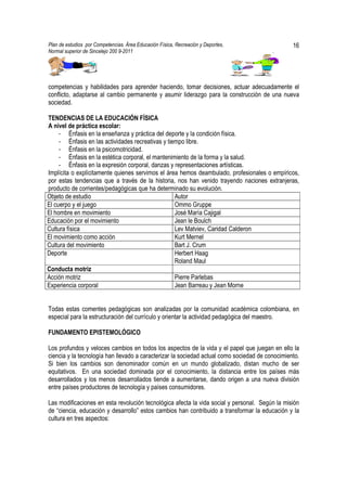 Plan de estudios por Competencias. Área Educación Física, Recreación y Deportes,                 16
Normal superior de Sincelejo 200 9-2011                                                  .




competencias y habilidades para aprender haciendo, tomar decisiones, actuar adecuadamente el
conflicto, adaptarse al cambio permanente y asumir liderazgo para la construcción de una nueva
sociedad.

TENDENCIAS DE LA EDUCACIÓN FÍSICA
A nivel de práctica escolar:
     - Énfasis en la enseñanza y práctica del deporte y la condición física.
     - Énfasis en las actividades recreativas y tiempo libre.
     - Énfasis en la psicomotricidad.
     - Énfasis en la estética corporal, el mantenimiento de la forma y la salud.
     - Énfasis en la expresión corporal, danzas y representaciones artísticas.
Implícita o explícitamente quienes servimos el área hemos deambulado, profesionales o empíricos,
por estas tendencias que a través de la historia, nos han venido trayendo naciones extranjeras,
producto de corrientes/pedagógicas que ha determinado su evolución.
Objeto de estudio                                  Autor
El cuerpo y el juego                               Ommo Gruppe
El hombre en movimiento                            José María Cajigal
Educación por el movimiento                        Jean le Boulch
Cultura física                                     Lev Matviev, Caridad Calderon
El movimiento como acción                          Kurt Mernel
Cultura del movimiento                             Bart J. Crum
Deporte                                            Herbert Haag
                                                   Roland Maul
Conducta motriz
Acción motriz                                      Pierre Parlebas
Experiencia corporal                               Jean Barreau y Jean Morne


Todas estas comentes pedagógicas son analizadas por la comunidad académica colombiana, en
especial para la estructuración del currículo y orientar la actividad pedagógica del maestro.

FUNDAMENTO EPISTEMOLÓGICO

Los profundos y veloces cambios en todos los aspectos de la vida y el papel que juegan en ello la
ciencia y la tecnología han llevado a caracterizar la sociedad actual como sociedad de conocimiento.
Si bien los cambios son denominador común en un mundo globalizado, distan mucho de ser
equitativos. En una sociedad dominada por el conocimiento, la distancia entre los países más
desarrollados y los menos desarrollados tiende a aumentarse, dando origen a una nueva división
entre países productores de tecnología y países consumidores.

Las modificaciones en esta revolución tecnológica afecta la vida social y personal. Según la misión
de “ciencia, educación y desarrollo” estos cambios han contribuido a transformar la educación y la
cultura en tres aspectos:
 