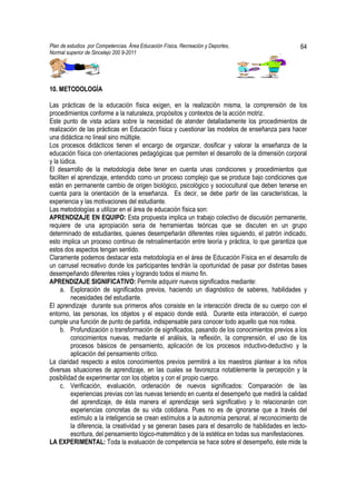 Plan de estudios por Competencias. Área Educación Física, Recreación y Deportes,                   64
Normal superior de Sincelejo 200 9-2011                                                    .




10. METODOLOGÍA

Las prácticas de la educación física exigen, en la realización misma, la comprensión de los
procedimientos conforme a la naturaleza, propósitos y contextos de la acción motriz.
Este punto de vista aclara sobre la necesidad de atender detalladamente los procedimientos de
realización de las prácticas en Educación física y cuestionar las modelos de enseñanza para hacer
una didáctica no lineal sino múltiple.
Los procesos didácticos tienen el encargo de organizar, dosificar y valorar la enseñanza de la
educación física con orientaciones pedagógicas que permiten el desarrollo de la dimensión corporal
y la lúdica.
El desarrollo de la metodología debe tener en cuenta unas condiciones y procedimientos que
faciliten el aprendizaje, entendido como un proceso complejo que se produce bajo condiciones que
están en permanente cambio de origen biológico, psicológico y sociocultural que deben tenerse en
cuenta para la orientación de la enseñanza. Es decir, se debe partir de las características, la
experiencia y las motivaciones del estudiante.
Las metodologías a utilizar en el área de educación física son:
APRENDIZAJE EN EQUIPO: Esta propuesta implica un trabajo colectivo de discusión permanente,
requiere de una apropiación seria de herramientas teóricas que se discuten en un grupo
determinado de estudiantes, quienes desempeñarán diferentes roles siguiendo, el patrón indicado,
esto implica un proceso continuo de retroalimentación entre teoría y práctica, lo que garantiza que
estos dos aspectos tengan sentido.
Claramente podemos destacar esta metodología en el área de Educación Física en el desarrollo de
un carrusel recreativo donde los participantes tendrán la oportunidad de pasar por distintas bases
desempeñando diferentes roles y logrando todos el mismo fin.
APRENDIZAJE SIGNIFICATIVO: Permite adquirir nuevos significados mediante:
     a. Exploración de significados previos, haciendo un diagnóstico de saberes, habilidades y
          necesidades del estudiante.
El aprendizaje durante sus primeros años consiste en la interacción directa de su cuerpo con el
entorno, las personas, los objetos y el espacio donde está. Durante esta interacción, el cuerpo
cumple una función de punto de partida, indispensable para conocer todo aquello que nos rodea.
     b. Profundización o transformación de significados, pasando de los conocimientos previos a los
          conocimientos nuevas, mediante el análisis, la reflexión, la comprensión, el uso de los
          procesos básicos de pensamiento, aplicación de los procesos inductivo-deductivo y la
          aplicación del pensamiento crítico.
La claridad respecto a estos conocimientos previos permitirá a los maestros plantear a los niños
diversas situaciones de aprendizaje, en las cuales se favorezca notablemente la percepción y la
posibilidad de experimentar con los objetos y con el propio cuerpo.
     c. Verificación, evaluación, ordenación de nuevos significados: Comparación de las
          experiencias previas con las nuevas teniendo en cuenta el desempeño que medirá la calidad
          del aprendizaje, de ésta manera el aprendizaje será significativo y lo relacionarán con
          experiencias concretas de su vida cotidiana. Pues no es de ignorarse que a través del
          estímulo a la inteligencia se crean estímulos a la autonomía personal, al reconocimiento de
          la diferencia, la creatividad y se generan bases para el desarrollo de habilidades en lecto-
          escritura, del pensamiento lógico-matemático y de la estética en todas sus manifestaciones.
LA EXPERIMENTAL: Toda la evaluación de competencia se hace sobre el desempeño, éste mide la
 