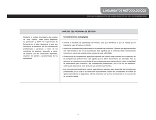 50
PARA LA ELABORACIÓN DE GUÍAS DIDÁCTICAS DE LOS SUBMÓDULOS
LINEAMIENTOS METODOLÓGICOS
ANÁLISIS DEL PROGRAMA DE ESTUDIO
Mediante el análisis del programa de estudios
de cada módulo, usted podrá establecer
su planeación y definir las experiencias de
formación en el taller, laboratorio o aula, que
favorezcan el desarrollo de las competencias
profesionales y genéricas a través de los
momentos de apertura, desarrollo y cierre,
de acuerdo con las condiciones regionales,
situación del plantel y características de los
estudiantes.
Consideraciones pedagógicas
• Analice el resultado de aprendizaje del módulo, para que identifique lo que se espera que el
estudiante logre al finalizar el módulo.
• Analice las competencias profesionales en el apartado de contenidos. Observe que algunas de ellas
son transversales a dos o más submódulos. Esto significa que el contenido deberá desarrollarse
tomando en cuenta las características propias de cada submódulo.
• Observe que las competencias genéricas sugeridas del módulo están incluidas en la redacción de
las competencias profesionales. Esto significa que no deben desarrollarse por separado. Para su
selección se consideraron los atributos de las competencias genéricas que tienen mayor probabilidad
de desarrollarse para contribuir a las competencias profesionales, por lo cual no son limitativas,
usted puede seleccionar otros atributos que considere pertinentes.
• Las competencias disciplinares básicas sugeridas son requisitos para desarrollar las competencias
profesionales, por lo cual no se desarrollan explícitamente. Deben ser consideradas en la fase de
apertura a través de un diagnóstico, a fin de comprobar si el alumno las desarrolló en el componente
de formación básica.
 