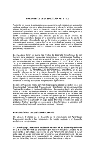 LINEAMIENTOS DE LA EDUCACIÓN ARTÍSTICA


Teniendo en cuenta la propuesta según documento del ministerio de educación
nacional que hace referencia a las dimensiones de la educación artística y como lo
plantea la justificación desde un desarrollo integral en un ir y venir, de adentro
hacia afuera y de afuera hacia dentro en la búsqueda de fortalecer la integración y
armonía entre el mundo interno y externo a través de experimentar,
sentir, conocer y expresar para entender que la vida es un proceso de
transformación constante basada en la experiencia sensible propia del objeto de
estudio del área. Interpretando que por tal motivo se propone que maestros y
maestras construyan sus propios diseños, de acuerdo al ser humano que estudia
en compartir con capacidad de sentir, expresar, pensar, decidir en los diferentes
contextos socioeconómico, histórico, cultural e incluso étnico, sus realidades,
problemas y necesidades.


Es importante tener en cuenta los niveles de desarrollo Psico-físicos del ser
humano para establecer estrategias pedagógicas y metodológicas flexibles y
activas por tal motivo la estructura general del área para la aplicación de los
procesos académicos está basada en niveles de grado 0°, 1°a 3°, 4 a 6°, 7°a 9° y
10° y 11°entendiéndose como preescolar, primaria, básica secundaria y media
vocacional para trabajar desde los objetivos del área y para las necesidades y
temáticas específicas acorde al Proyecto Educativo Institucional; es por esto que
la propuesta de EL APRENDIZAJE EXPERIENCIAL CREATIVO, en la que
docente y alumnos se dan a sí mismos la opción de expresarse, de respetarse
mutuamente, de jugar recreando fantasías y memorias pasadas, de escucharse,
de dialogar, de darse cuenta de los estados anímicos propios y de los otros y de la
mutua disposición sensible desde la didáctica del juego, el taller como herramienta
sistémica, la lúdica y actividades interpersonales significativas.

En estos enfoques se trabaja con metodologías por procesos que deben tener una
Intencionalidad, Reciprocidad, Trascendencia y Significado; así se promueven los
Tópicos Generadores o Núcleos Problémicos, la experimentación y la reflexión
sobre la práctica; se tienen en cuenta la estructura mental de los alumnos, sus
etapas evolutivas, el desarrollo de las inteligencias múltiples y en particular del
área la inteligencia emocional y ritmos de aprendizaje en la construcción de
conocimiento; se estimulan el trabajo en equipo, la elaboración de proyectos, la
autoevaluación y la evaluación en grupo desde diferentes contextos con base en
productos finales y puestas en escena para la transformación y valoración del
ambiente cultural individual, comunitario, regional y nacional.



PSICOLOGÍA DEL DESARROLLO EVOLUTIVO

He ubicado 3 etapas en el desarrollo de la metodología del Aprendizaje
Experiencial: acorde a las necesidades de nuestro contexto y el desarrollo
evolutivo de los estudiantes:


1- La Paidagogía.: estudia la educación de niños en su etapa de preescolar
de 3 a 6 años de edad. La exploración por medio de la lúdica: La lúdica no es
equivalente al aprendizaje experiencial es una herramienta para llegar a él. En
esta etapa el cuerpo interactúa con el entorno para el reconocimiento de sus
lenguajes expresivos en la representación de situaciones a partir de iniciativas
propias de la vida y descubrir sus posibilidades, falencias y fortalezas.
 