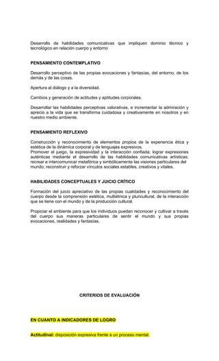 Desarrollo de habilidades comunicativas que impliquen dominio técnico y
tecnológico en relación cuerpo y entorno


PENSAMIENTO CONTEMPLATIVO

Desarrollo perceptivo de las propias evocaciones y fantasías, del entorno, de los
demás y de las cosas.

Apertura al diálogo y a la diversidad.

Cambios y generación de actitudes y aptitudes corporales.

Desarrollar las habilidades perceptivas valorativas, e incrementar la admiración y
aprecio a la vida que se transforma cuidadosa y creativamente en nosotros y en
nuestro medio ambiente.


PENSAMIENTO REFLEXIVO

Construcción y reconocimiento de elementos propios de la experiencia ética y
estética de la dinámica corporal y de lenguajes expresivos.
Promover el juego, la expresividad y la interacción confiada; lograr expresiones
auténticas mediante el desarrollo de las habilidades comunicativas artísticas;
recrear e intercomunicar metafórica y simbólicamente las visiones particulares del
mundo; reconstruir y reforzar vínculos sociales estables, creativos y vitales.


HABILIDADES CONCEPTUALES Y JUICIO CRÍTICO

Formación del juicio apreciativo de las propias cualidades y reconocimiento del
cuerpo desde la comprensión estética, multiétnica y pluricultural, de la interacción
que se tiene con el mundo y de la producción cultural.

Propiciar el ambiente para que los individuos puedan reconocer y cultivar a través
del cuerpo sus maneras particulares de sentir el mundo y sus propias
evocaciones, realidades y fantasías.




                          CRITERIOS DE EVALUACIÓN




EN CUANTO A INDICADORES DE LOGRO


Actitudinal: disposición expresiva frente a un proceso mental.
 