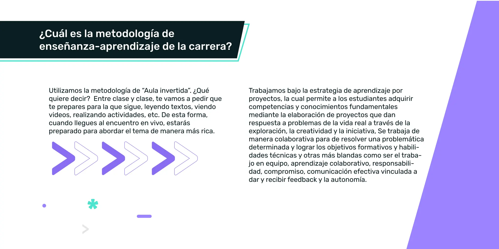 quiere decir? Entre clase y clase, te vamos a pedir que
te prepares para la que sigue, leyendo textos, viendo
cuando llegues al encuentro en vivo, estarás
preparado para abordar el tema de manera más rica.
proyectos, la cual permite a los estudiantes adquirir
competencias y conocimientos fundamentales
mediante la elaboración de proyectos que dan
respuesta a problemas de la vida real a través de la
exploración, la creatividad y la iniciativa, Se trabaja de
manera colaborativa para de resolver una problemática
determinada y lograr los objetivos formativos y habili-
dades técnicas y otras más blandas como ser el traba-
-
dad, compromiso, comunicación efectiva vinculada a
dar y recibir feedback y la autonomía.
 