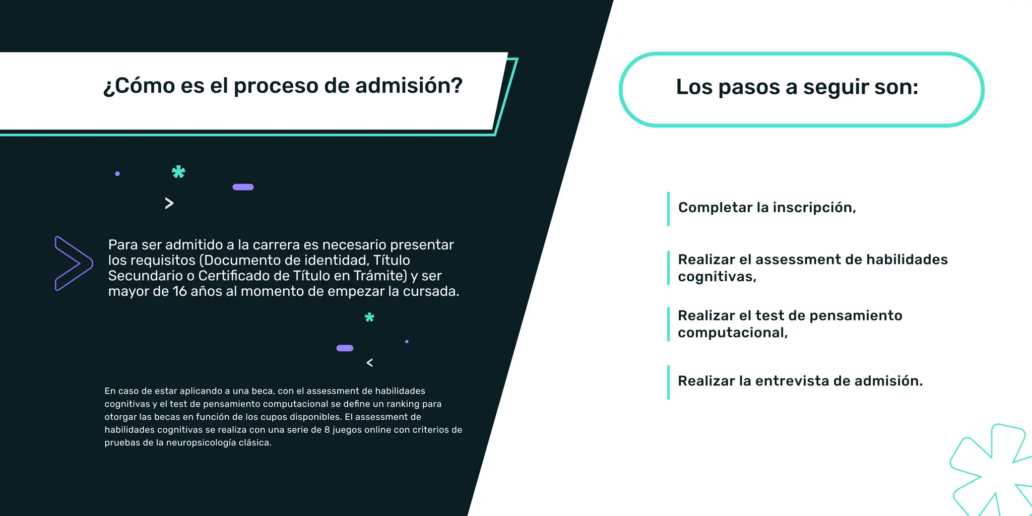 Para ser admitido a la carrera es necesario presentar
los requisitos (Documento de identidad, Título
|
|
|
|
En caso de estar aplicando a una beca, con el assessment de habilidades
otorgar las becas en función de los cupos disponibles. El assessment de
pruebas de la neuropsicología clásica.
 