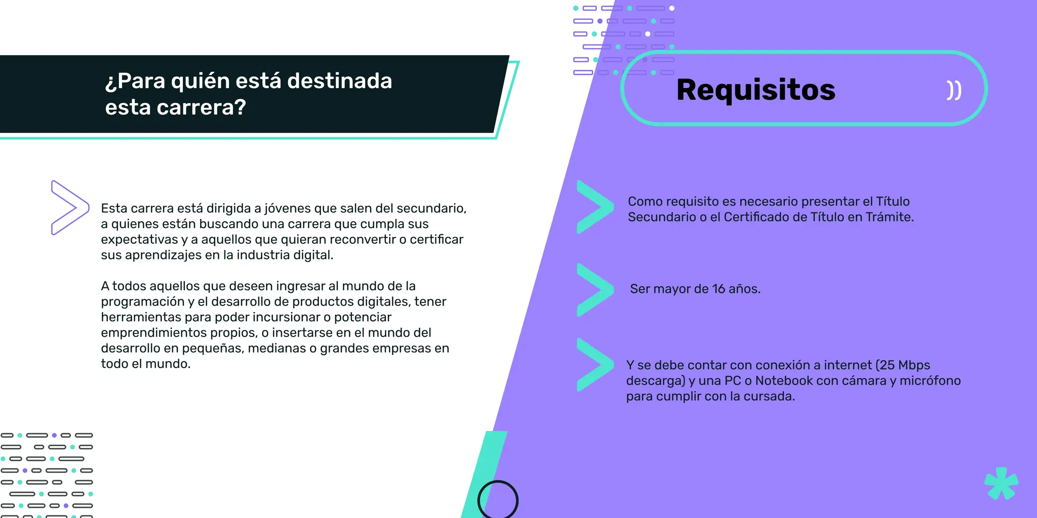¿Para quién está destinada
Esta carrera está dirigida a jóvenes que salen del
secundario, a quienes están buscando una carrera que
cumpla sus expectativas y a aquellos que quieran
digital. A todos aquellos que deseen ingresar al mundo de
la programación y el desarrollo de productos digitales,
tener herramientas para poder incursionar o potenciar
emprendimientos propios, o insertarse en el mundo del
desarrollo en pequeñas, medianas o grandes empresas en
todo el mundo.
Creemos que para programar es importante la curiosidad,
explotar la creatividad y disfrutar de concretar ideas a
través del código, estar en los detalles, ser autodidacta,
adaptación al cambio es una habilidad clave en el mundo
actual.
Los egresados de esta carrera tienen una gran
cantidad de opciones de inserción profesional. Dado
que puede ingresar en empresas de tecnología, en
startups o en áreas de desarrollo de software y
productos digitales dentro de empresas tradicionales.
freelance o iniciar sus propios emprendimientos para
cualquier parte del mundo.
Developer”* luego del primer año. Y en el segundo
año se otorga el título de “Frontend Specialist”* o
“Backend Specialist”.*
Esta carrera está dirigida a jóvenes que salen del secundario,
a quienes están buscando una carrera que cumpla sus
expectativas y a aquellos que quieran reconvertir o certiﬁcar
sus aprendizajes en la industria digital.
A todos aquellos que deseen ingresar al mundo de la
programación y el desarrollo de productos digitales, tener
herramientas para poder incursionar o potenciar
emprendimientos propios, o insertarse en el mundo del
desarrollo en pequeñas, medianas o grandes empresas en
todo el mundo.
Como requisito es necesario presentar el Título
Secundario o el Certiﬁcado de Título en Trámite.
Ser mayor de 16 años.
Y se debe contar con conexión a internet (25 Mbps
descarga) y una PC o Notebook con cámara y micrófono
para cumplir con la cursada.
Requisitos
 