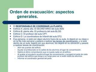 Orden de evacuación: aspectos generales. El  RESPONSABLE DE COORDINAR LA PLANTA: Edificio A: planta alta. El SECRETARIO del  aula ADS Edificio B: planta alta. El profesor/a del  aula BLOG Edificio C: El profesor del  aula CPT . Edificio D: La coordinadora de Infantil del  aula DT2 . Esa persona, si está con algún alumno fuera de su aula, lo dejará en su clase o en la fila más cercana y pasará a realizar  las tareas de coordinación,  y si está dentro de un aula, bajará con sus alumnos, los dejará en su ubicación y pasará a realizar tareas de coordinación: Abrir las puertas del edificio. Ayudar al profesorado en la salida de los alumnos al lugar de concentración. Saldrá el último comprobando que no queda nadie en el edificio. Al acabar el simulacro acudirá al lugar de concentración y recogerá el parte de cada profesor del edificio que tenga a su cargo para ver si están todos los alumnos. Informar al coordinador general del parte. 