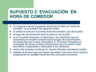 SUPUESTO 2: EVACUACIÓN  EN HORA DE COMEDOR   Si cualquiera de los supuestos anteriores se diera en horas de comedor, se procederá del siguiente modo: la salida se hará por la puertas Este del comedor, que da al patio. el lugar de concentración será la parte sur de la pista. al oír la señal convenida, el alumnado y los monitores que se encuentren en el patio correrán hacia el lugar de concentración, formando filas por cursos. El profesor D. Francisco González se encargará de revisar el patio comprobando que no queda nadie escondido o despistado y dará parte a los monitores. dentro del comedor el director D. Antonio Nicolás controlará la salida. saldrán en primer lugar las mesas que estén más cerca de la cocina y progresando en paralelo hasta las más cercanas a la puerta. 