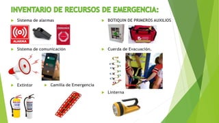  Sistema de alarmas

 Sistema de comunicación
 Extintor
 BOTIQUIN DE PRIMEROS AUXILIOS
 Cuerda de Evacuación.
 Linterna
 Camilla de Emergencia
 