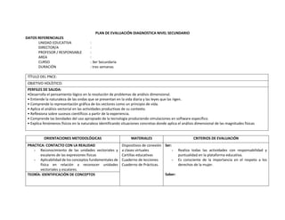 PLAN DE EVALUACIÓN DIAGNOSTICA NIVEL SECUNDARIO
DATOS REFERENCIALES
UNIDAD EDUCATIVA :
DIRECTOR/A :
PROFESOR / RESPONSABLE :
AREA :
CURSO : 3er Secundaria
DURACIÓN : tres semanas
TÍTULO DEL PNCE:
OBJETIVO HOLÍSTICO:
PERFILES DE SALIDA:
•Desarrolla el pensamiento lógico en la resolución de problemas de análisis dimensional.
• Entiende la naturaleza de las ondas que se presentan en la vida diaria y las leyes que las rigen.
• Comprende la representación gráfica de los vectores como un principio de vida.
• Aplica el análisis vectorial en las actividades productivas de su contexto.
• Reflexiona sobre sucesos científicos a partir de la experiencia.
• Comprende las bondades del uso apropiado de la tecnología produciendo simulaciones en software específico.
• Explica fenómenos físicos en la naturaleza identificando situaciones concretas donde aplica el análisis dimensional de las magnitudes físicas
ORIENTACIONES METODOLÓGICAS MATERIALES CRITERIOS DE EVALUACIÓN
PRACTICA: CONTACTO CON LA REALIDAD
- Reconocimiento de las unidades vectoriales y
escalares de las expresiones físicas
- Aplicabilidad de los conceptos fundamentales de
física en relación a reconocer unidades
vectoriales y escalares.
Dispositivos de conexión
a clases virtuales
Cartillas educativas
Cuaderno de lecciones
Cuaderno de Prácticas.
Ser:
- Realiza todas las actividades con responsabilidad y
puntualidad en la plataforma educativa.
- Es consciente de la importancia en el respeto a los
derechos de la mujer.
Saber:
TEORÍA: IDENTIFICACIÓN DE CONCEPTOS
 