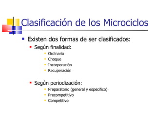 Clasificación de los Microciclos Existen dos formas de ser clasificados: Según finalidad: Ordinario Choque  Incorporación Recuperación Según periodización: Preparatorio (general y especifico) Precompetitivo Competitivo 