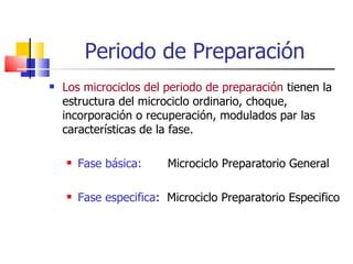 Periodo de Preparación Los microciclos del periodo de preparación  tienen la estructura del microciclo ordinario, choque, incorporación o recuperación, modulados par las características de la fase. Fase básica:  Microciclo Preparatorio General Fase especifica :  Microciclo Preparatorio Especifico 