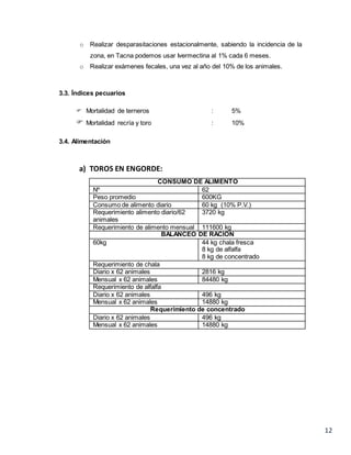 12
o Realizar desparasitaciones estacionalmente, sabiendo la incidencia de la
zona, en Tacna podemos usar Ivermectina al 1% cada 6 meses.
o Realizar exámenes fecales, una vez al año del 10% de los animales.
3.3. Índices pecuarios
 Mortalidad de terneros : 5%
 Mortalidad recría y toro : 10%
3.4. Alimentación
a) TOROS EN ENGORDE:
CONSUMO DE ALIMENTO
Nº 62
Peso promedio 600KG
Consumo de alimento diario 60 kg (10% P.V.)
Requerimiento alimento diario/62
animales
3720 kg
Requerimiento de alimento mensual 111600 kg
BALANCEO DE RACIÓN
60kg 44 kg chala fresca
8 kg de alfalfa
8 kg de concentrado
Requerimiento de chala
Diario x 62 animales 2816 kg
Mensual x 62 animales 84480 kg
Requerimiento de alfalfa
Diario x 62 animales 496 kg
Mensual x 62 animales 14880 kg
Requerimiento de concentrado
Diario x 62 animales 496 kg
Mensual x 62 animales 14880 kg
 