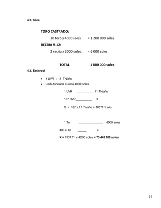 16
4.2. Saca
TORO CASTRADO:
30 toro x 4000 soles = 1 200 000 soles
RECRIA 9-12:
2 recría x 3000 soles = 6 000 soles
TOTAL 1 800 000 soles
4.3. Estiércol
 1 UVR : 11 TN/año
 Cada tonelada cuesta 4000 soles
1 UVR __________ 11 TN/año
167 UVR__________ X
X = 167 x 11 Tn/año = 1837Tn/ año
1 Tn _______________ 4000 soles
400.4 Tn _____ x
X = 1837 Tn x 4000 soles = 73 448 000 soles
 