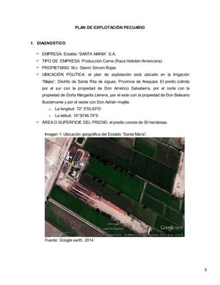 6
PLAN DE EXPLOTACIÓN PECUARIO
1. DIAGNOSTICO
 EMPRESA: Establo “SANTA MARIA” S.A.
 TIPO DE EMPRESA: Producción Carne (Raza Holstein Americana)
 PROPIETARIO: M.v. Gianni Simoni Rojas
 UBICACIÓN POLÍTICA: el plan de explotación está ubicado en la Irrigación
“Majes”, Distrito de Santa Rita de siguas, Provincia de Arequipa. El predio colinda
por el sur con la propiedad de Don Américo Salvatierra, por el norte con la
propiedad de Doña Margarita Llerena, por el este con la propiedad de Don Belisario
Bustamante y por el oeste con Don Adrián mejilla.
o La longitud: 72° 5'55.83"O
o La latitud: 16°30'46.74"S
 ÁREA O SUPERFICIE DEL PREDIO: el predio consta de 50 hectáreas.
Imagen 1: Ubicación geográfica del Establo “Santa María”.
Fuente: Google earth, 2014.
 