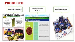 PRODUCTO
PRESENTACIÓN Y USOS
ESPECIFICACIONES
TÉCNICAS
ENVASE Y EMBALAJEPRESENTACIÓN Y USOS
ESPECIFICACIONES
TÉCNICAS
ENVASE Y EMBALAJE
 