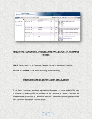 REQUISITOS TÉCNICOS NO ARANCELARIOS PARA EXPORTAR A ESTADOS
                                     UNIDOS




PERÚ: Es regulada por la Dirección General de Salud Ambiental (DIGESA)

ESTADOS UNIDOS : FDA (Food and Drug Administration).




             PROCEDIMIENTO DE EXPORTACION ESTABLECIDO




En el Perú, no existen requisitos sanitarios obligatorios por parte de DIGESA para
la exportación de los productos procesados. En caso que el cliente lo requiera, se
puede solicitar a DIGESA el Certificado de Libre Comercialización cuyos requisitos
para obtenerlo se indican a continuación:




                                        26
 